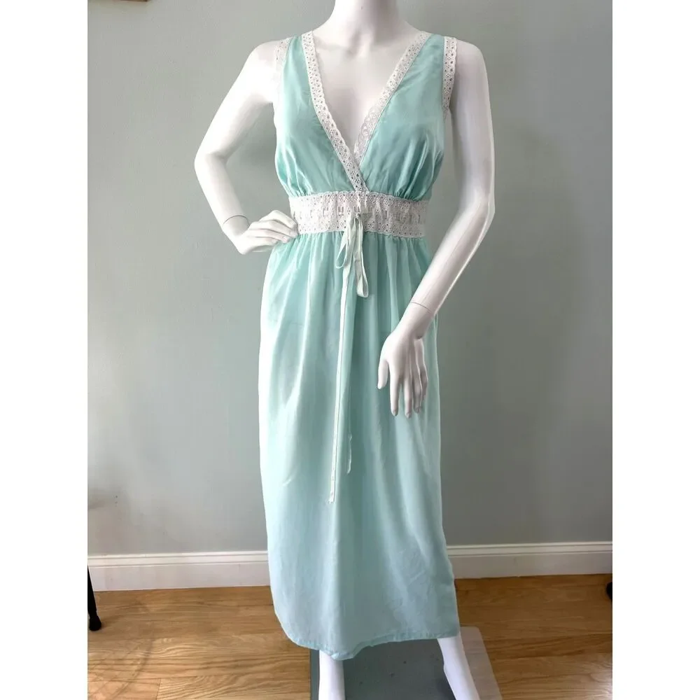 1970s Vintage Aqua Blue Lace Trim Maxi Nightgown Lingerie Dress size 38 M/L